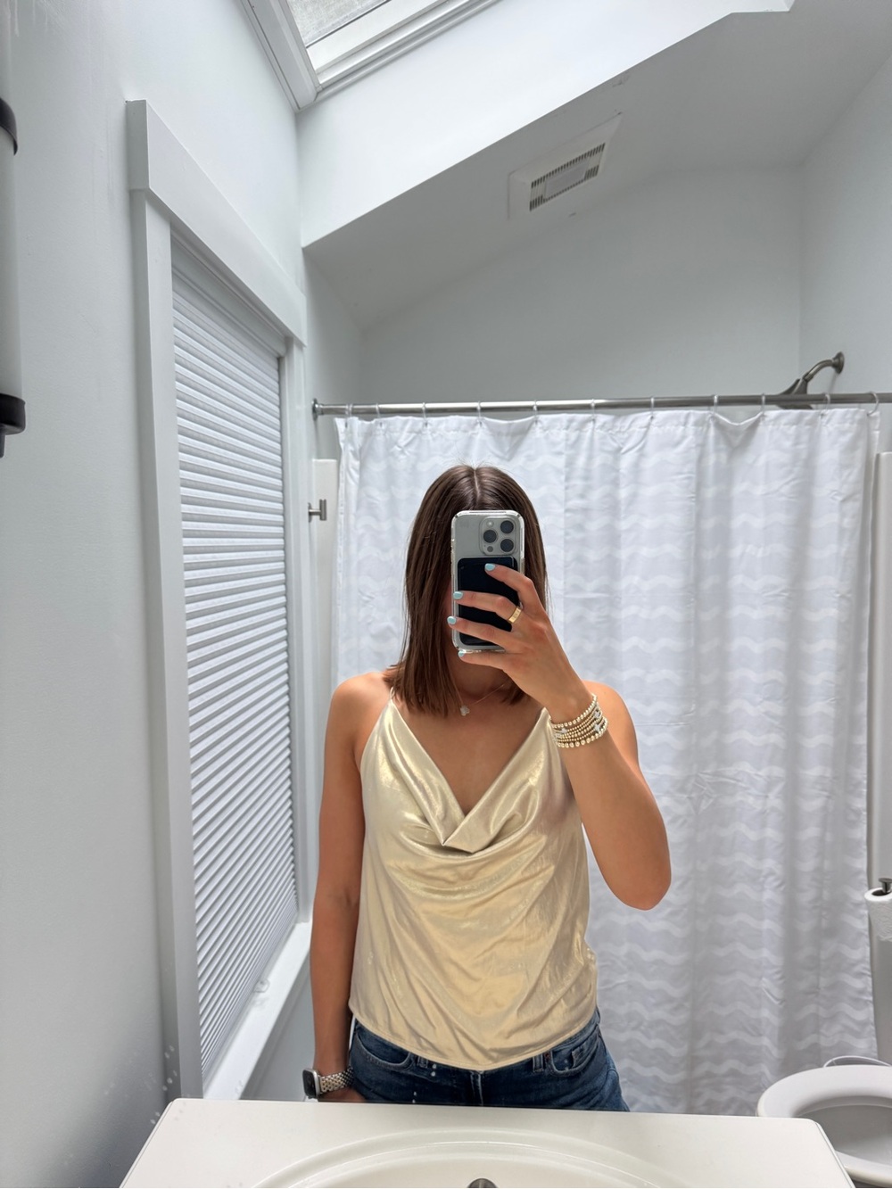 Gold cowl neck halter going out top with open back